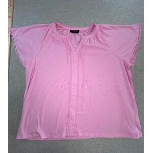 Lane Bryant Boho Blouse Womens 22/24 Pink Tassel Crochet Flutter Sleeve